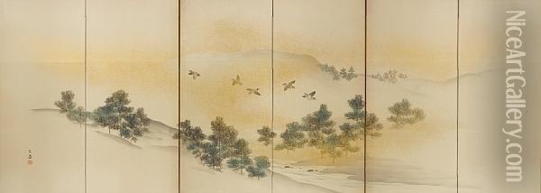 Flying Above Pine Trees Growing Beside A River Oil Painting - Maekawa Bunrin