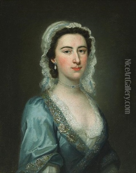 A Portrait Of A Lady, Half-length, Wearing A Blue Dress And A Lace Bonnet Oil Painting - Joseph Highmore