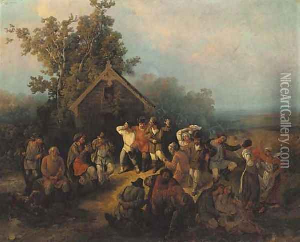 Village Dance in Summer Oil Painting - Russian School