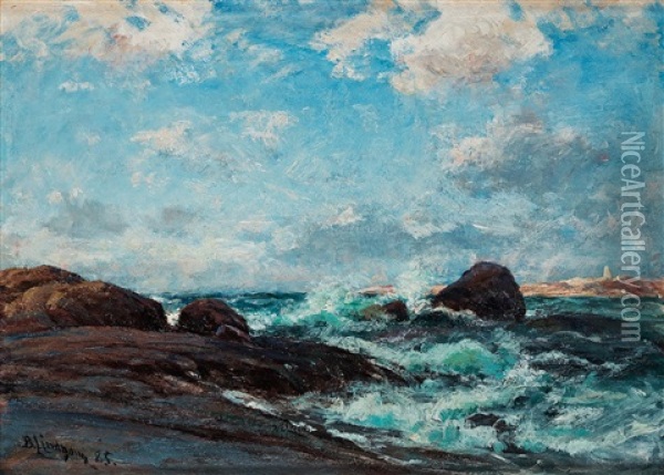 Coastal Scene With Breaking Waves Oil Painting - Berndt Adolf Lindholm