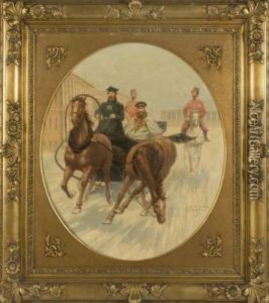 Portrait Du Grand-duc Serge Alexandrovitch De Russie (1857-1905),entoure De Son Escorte Du Konvoy. Oil Painting - Nicolai Vassilievich Pirogoff