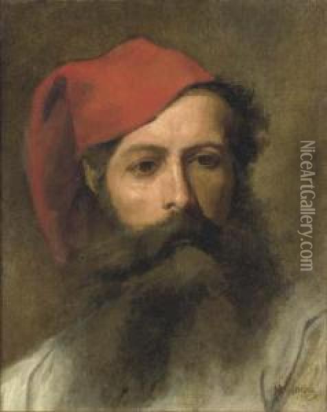 Portrait Of A Man With A Turkish Hat Oil Painting - Moritz, Maurycy Gottlieb