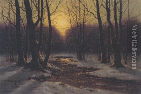 Quelle Im Abendlichen Winterwald Oil Painting - Carl Kenzler