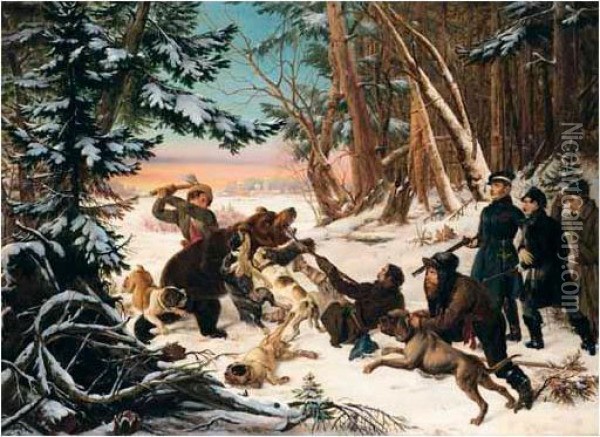 The Tsarevich Alexander's Bearhunt On The Outskirts Of Moscow Oil Painting - Otto Grashof