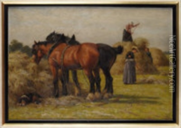 A Team Of Horses And Farm Workers In A Hay Field Oil Painting - Joseph Dixon Clark