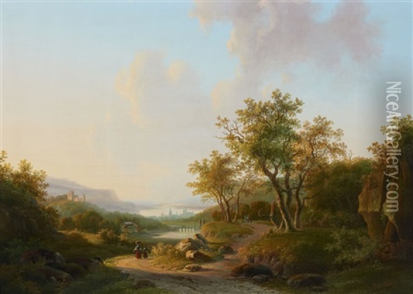 River Landscape With Views Of A Castle And Town Oil Painting - Willem De Klerk