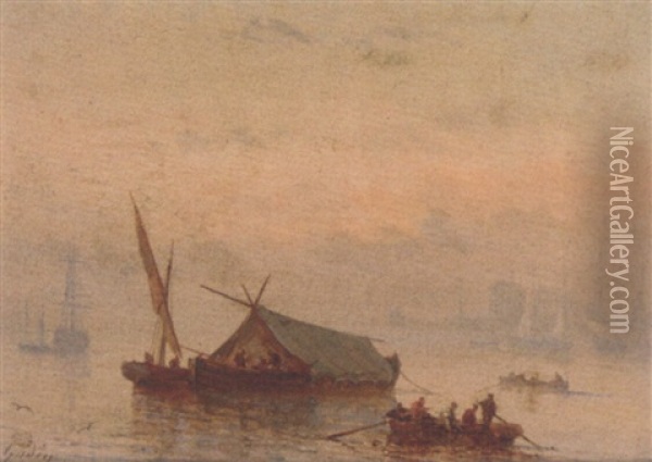 Fishing Vessels In A Calm, Early Morning Oil Painting - Henriette Gudin