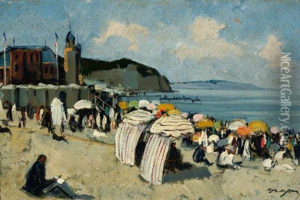 A Multitude Of Figures On The Beach Of Dieppe Oil Painting - Auguste Rigon