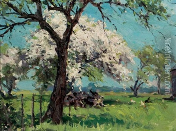 Apple Orchard In Bloom, The Taylor Farm, Granton, Ontario Oil Painting - Farquhar McGillivray Strachen Knowles