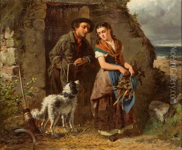 Junges Tandelndes Paar Auf Dem Land Mit Blick Auf Kuste Oil Painting - Edward Charles Barnes
