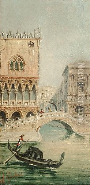 The Bridge Of Sighs; Piazzetta San Marco By Moonlight; A Gondola On The Lagoon Oil Painting - Giovanni Grubacs