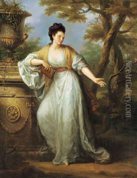 Portrait of Mrs. Mary Pocklington of Winthorpe Hall, Nottinghamshire, full-length, in a white dress with a red sash, holding a book in her left hand, Oil Painting - Angelica Kauffmann