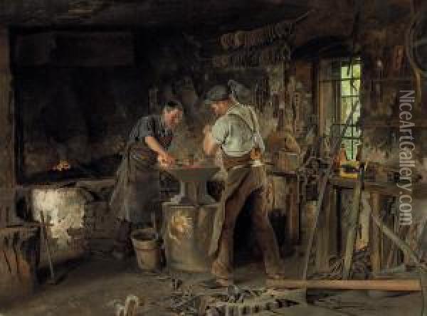 The Blacksmith's Forge Oil Painting - Johann Hamza
