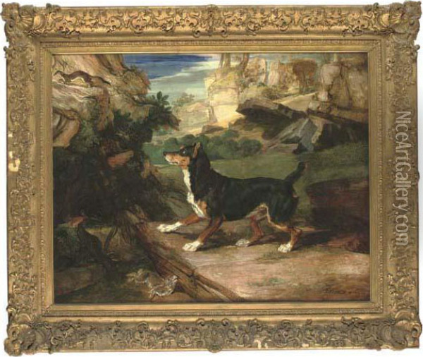 A Terrier, Stoat And Dead Rabbit In A Rocky Landscape Oil Painting - James Ward