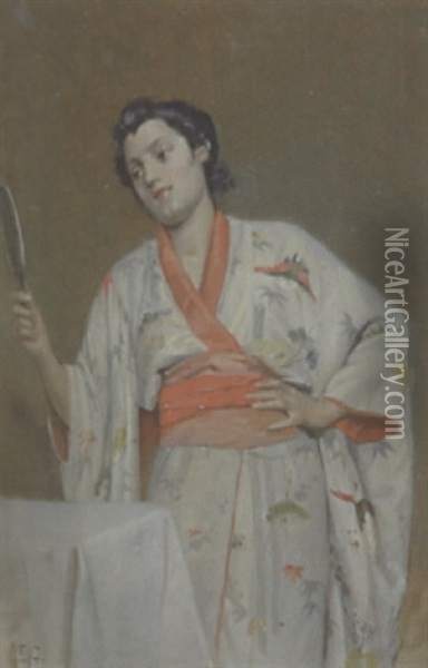 Dame In Kimono Oil Painting - Edouard Castres