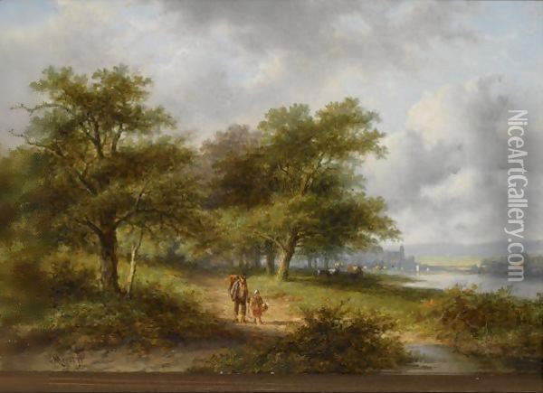 Travellers On A Country Road, A Town In The Distance Oil Painting - Jan Evert Morel