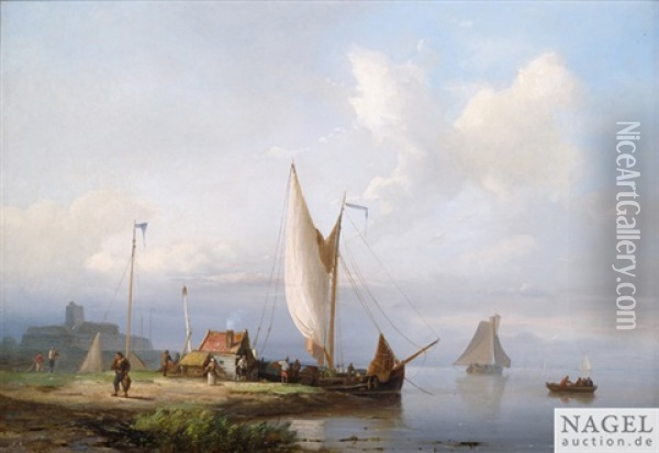 Hollandische Flusslandschaft Mit Segelbooten Und Fischern An Einer Hutte Oil Painting - Nicolaas Riegen