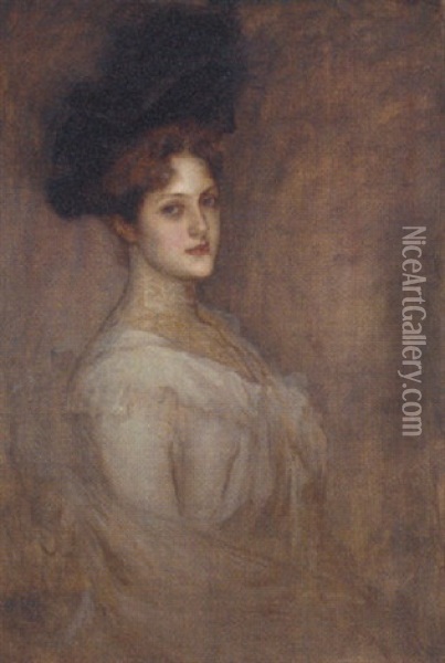 Portrait Of A Lady Wearing A Black Hat And White Chiffon Dress Oil Painting - Richard Gerstl