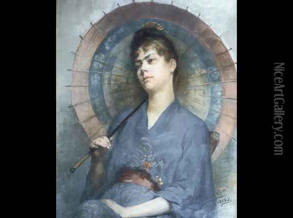Woman with a Japanese Parasol Oil Painting - Anna Bilinska-Bohdanowiczowa