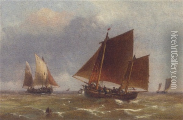 Fishing Boats In An Offshore Swell Oil Painting - Josef Karl Berthold Puettner