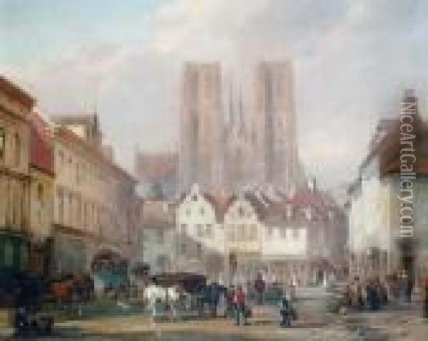 A Continental Town Square, A Cathedralbeyond Oil Painting - David Roberts
