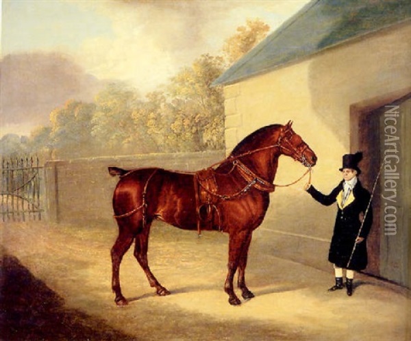 A Carriage Horse And A Groom At A Stable Oil Painting - David (of York) Dalby