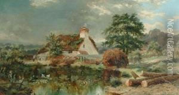 A Cottage By A Pond; A Figure Fishing In A Highland Landscape Oil Painting - Edgar Longstaffe