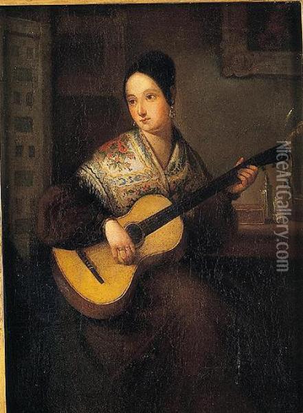 Dama Joven Tocando La Guitarra Oil Painting - Jose Elbo