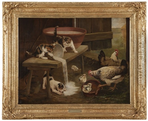 Spilt Milk, Animals In A Barn Interior Oil Painting - Heinrich Frederic Schopin
