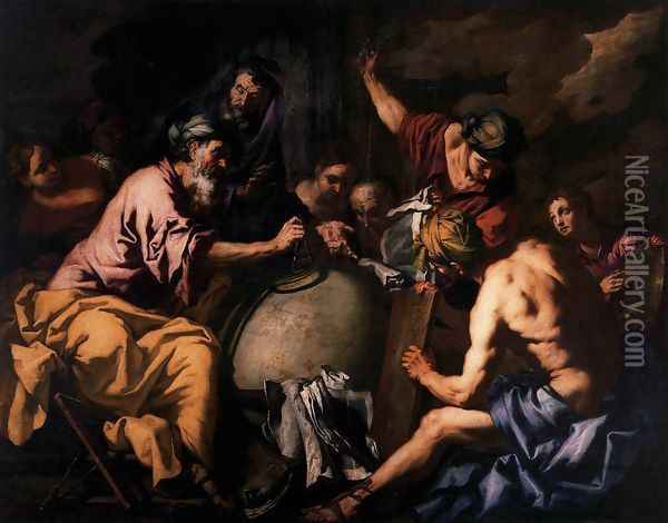 Abraham Teaching Astrology to the Egyptians c. 1665 Oil Painting - Antonio Zanchi