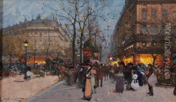 Promeneurs, Place De La Madeleine Oil Painting - Eugene Galien-Laloue