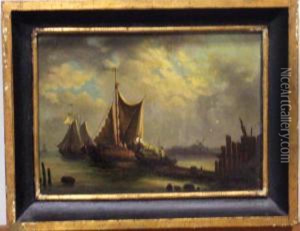 Strandlinje Med Segelfartyg. Oil Painting - Josef Magnus Stack