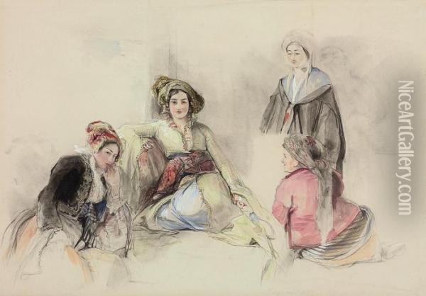 Four Women In An Interior, Brussa, Turkey Oil Painting - John Frederick Lewis