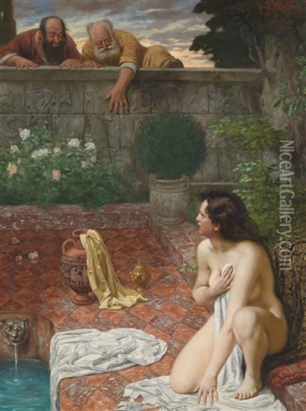 Susanna Im Bade Von Den Beiden Alten Belauscht Oil Painting - Emil Reinicke