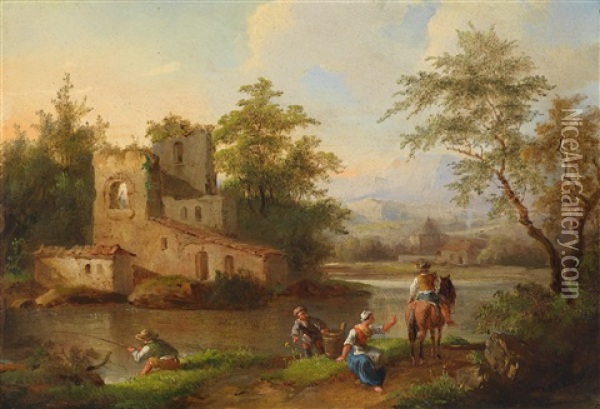 Flusslandschaft Mit Ruinen Und Figurlicher Staffage Oil Painting - Johann Christian Brand