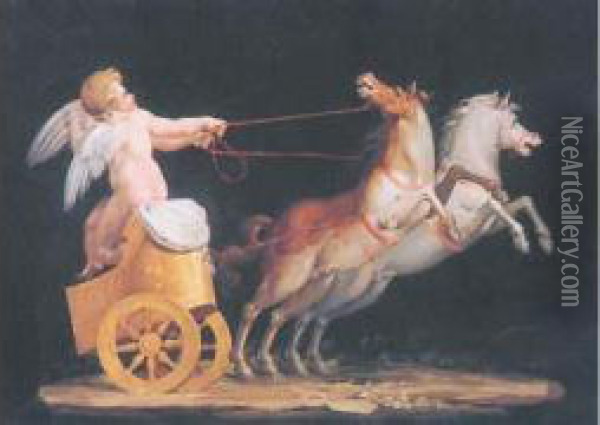 Putto Sur Un Char Tire Par Des Chevaux. Oil Painting - Michaelangelo Maestri