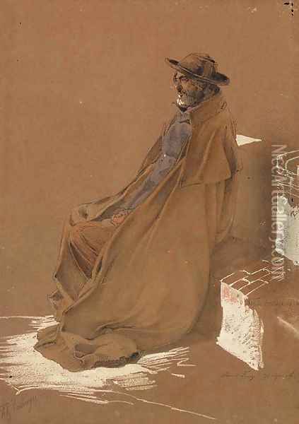 A Study of an elderly Gentleman, seated, wearing a full length Cape and Hat Oil Painting - Friedrich Bamberger
