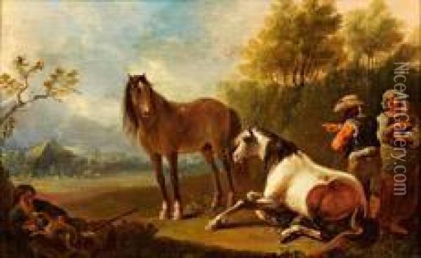 Rastende Familie Mitzwei Pferden In Sommerlicher Landschaft Oil Painting - Christian Ludwig Von Lowenstern