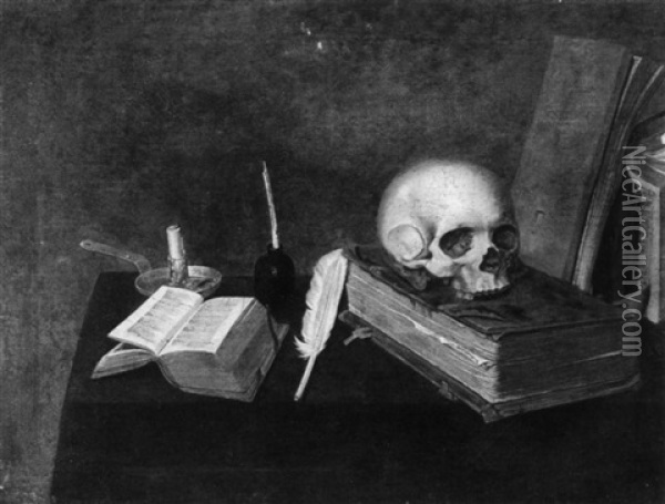 A Vanitas Still-life With Writing Paraphernalia And A Skull Oil Painting - Michael Conrad Hirt