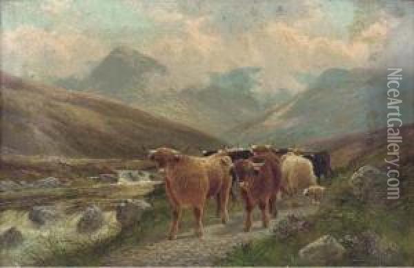 Highland Cattle By The Beauly River, Invernesshire; And Highlandcattle Near Dunkelt Oil Painting - Albert Dunnington