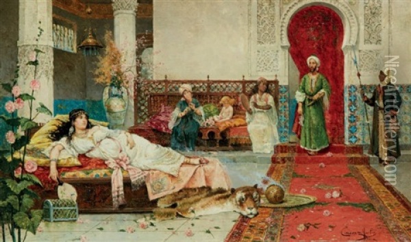 Scene De Harem Dans Un Palais Andalou Harem Scene In An Andalusian Palace Oil Painting - Juan Gimenez y Martin