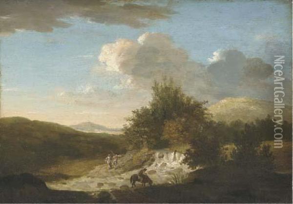A Wooded River Landscape With Figures By A Ford Oil Painting - Thomas Jones