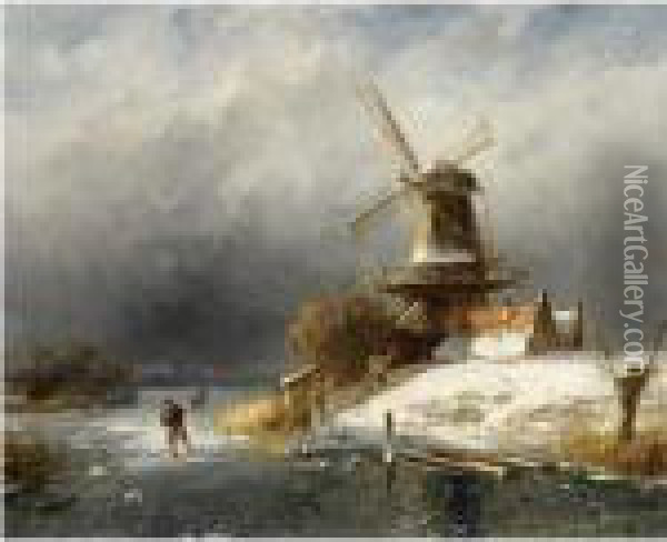 A Winter Landscape With Skaters Near A Windmill Oil Painting - Charles Henri Leickert
