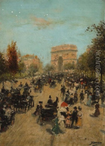 Promeneurs Sur L'avenue Du Bois A Paris Oil Painting - Gaspar Miro Lleo