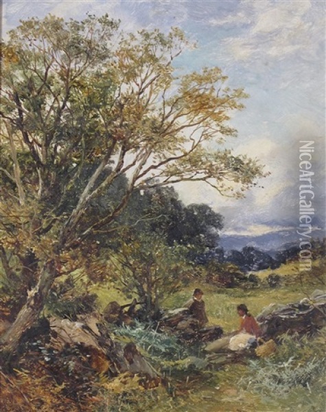 Rustics At Rest By A Stone Wall Oil Painting - David Bates