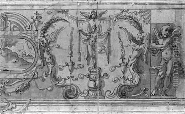A wall decoration with a landscape painting in a cartouche and winged figures holding garlands Oil Painting - Marco Marchetti, Called Marco Da Faenza