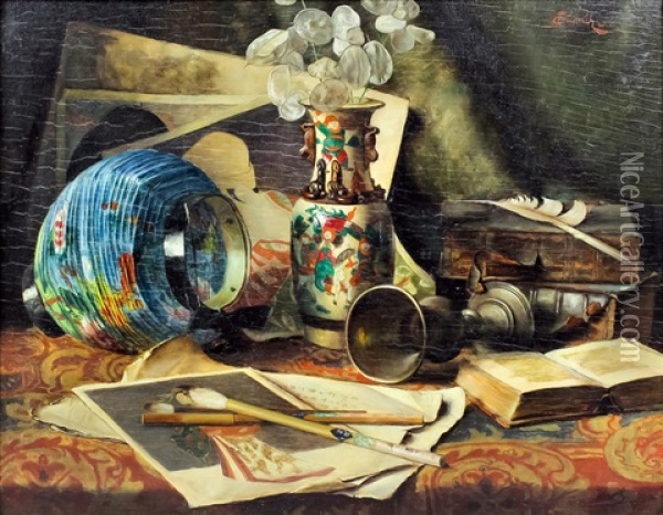 Still Life - Chinese Vase, Lantern, Chalice, Painting And Open Book Oil Painting - Caroline Therese Friedrich