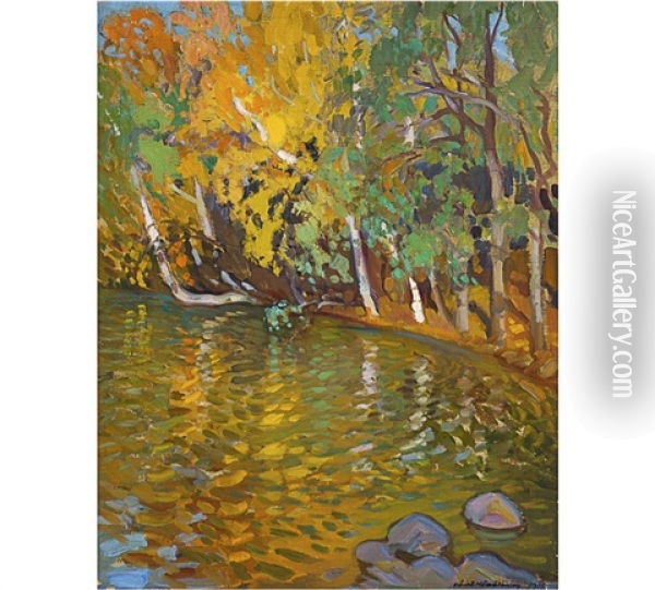 Birches On Autumn Shore, Vesijarvi Lake Oil Painting - Vaeinoe Haemaelaeinen