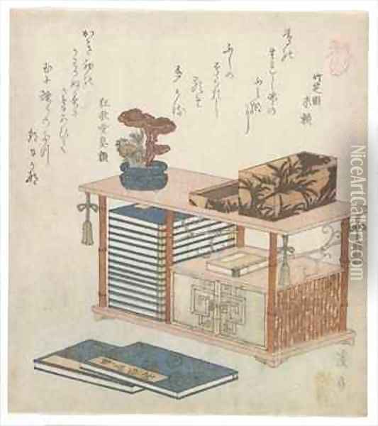 Surimono illustrating a book cabinet Edo period Oil Painting - Keisai Eisen