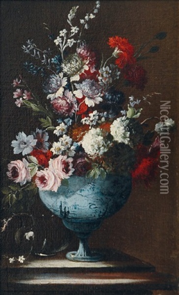 Flower Still Life In Faience Vase (+ Another, Lrgr.; Pair) Oil Painting - Giuseppe Lavagna